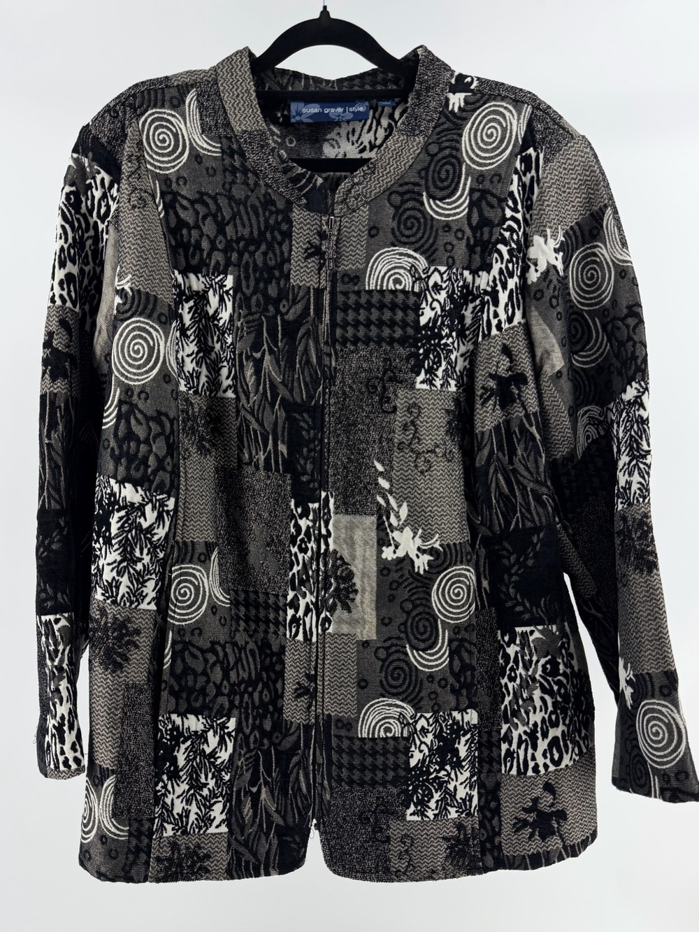 Susan Graver Black White Jacquard Patchwork Jacket, Side Pockets, Women's 2X